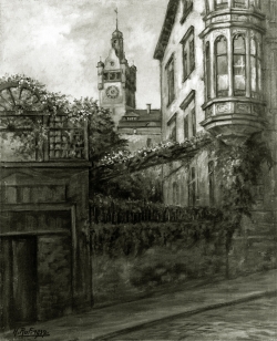 Erker am Schlossberg, Alt Pforzheim - Fotoplatte, Ölgemälde, 1937