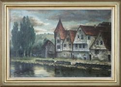 Morgen_beim Schelmenturm (Pforzheim) - Ölgemälde, 70,5 x 50,5 cm (Maß incl. Rahmen), 1909