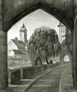 Pflügerstraße mit Stadtbad - Fotoplatte, Ölgemälde, 1937