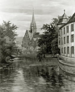 Vor den Arkaden an der Stadtkirche - Fotoplatte, Ölgemälde, 1940