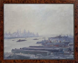 Über den Docks bei Hoboken - Ölgemälde, 54 x 42 cm, 1950