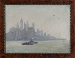 Wallstreetviertel im Dunst - Ölgemälde, 41 x 30 cm, 1950